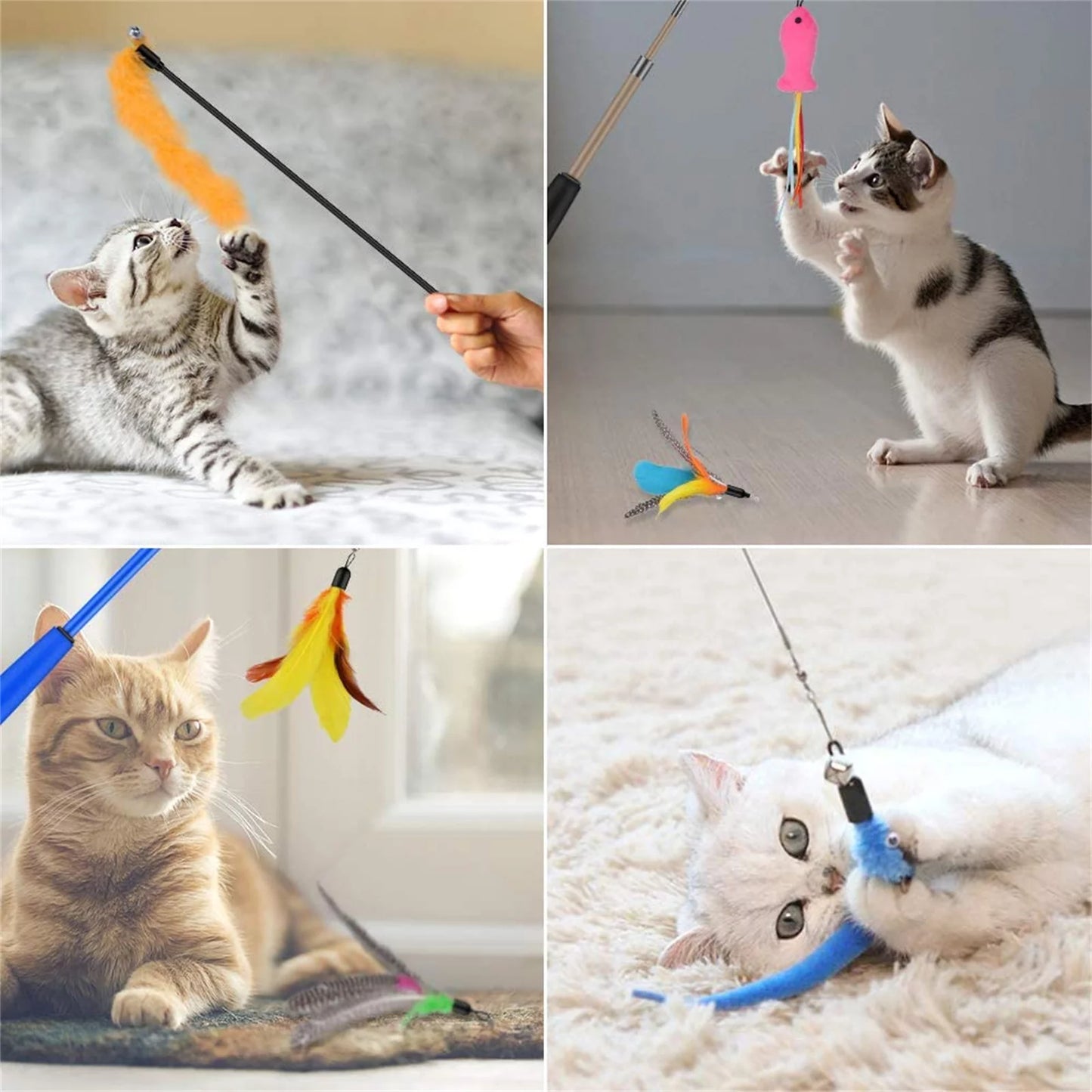 Cat Feather Toys, 2PCS Retractable Cat Wand Toy and 13PCS Replacement Teaser with Bell Refills, Interactive Cat Wand for Kitten Cat Having Fun Playing