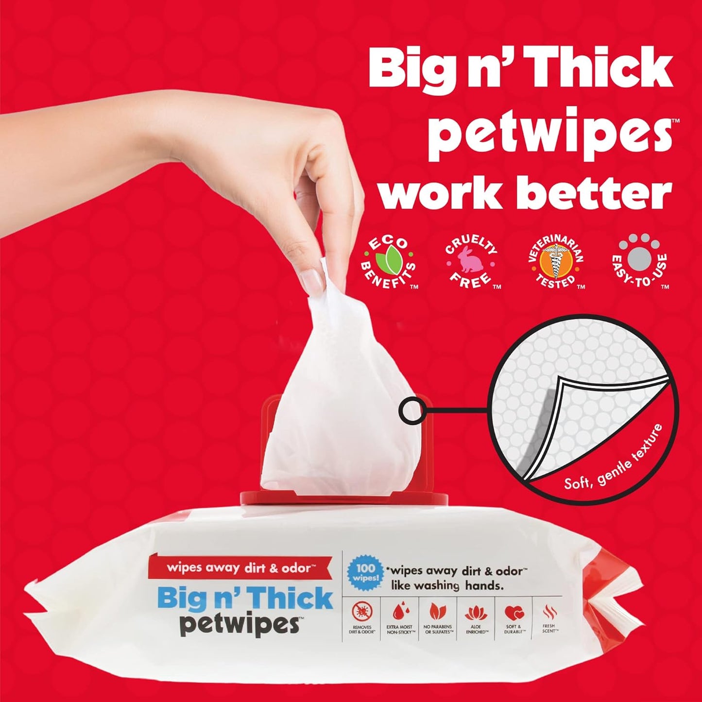 Pet Wipes for Dogs and Cats, 100 Large Wipes - Removes Dirt & Odor like Washing Hands - Cleans Ears, Face, Butt, Eye Area - Convenient, Ideal for Home or Travel - 1 Pack of 100 Wipes