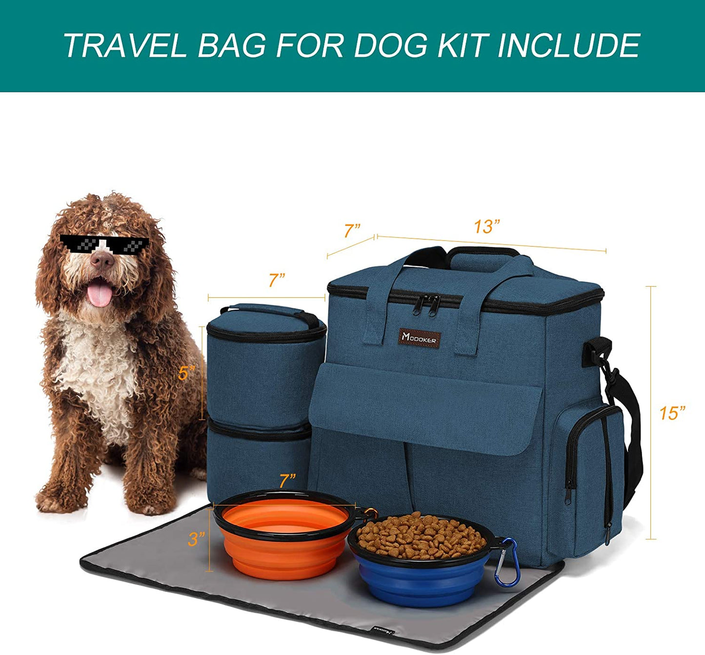 Dog Travel Bag Dog Travel Kit for a Weekend Away Set Includes Pet Travel Bag Organizer for Accessories, 2 Collapsible Dog Bowls, 2 Travel Dog Food Container (Black)